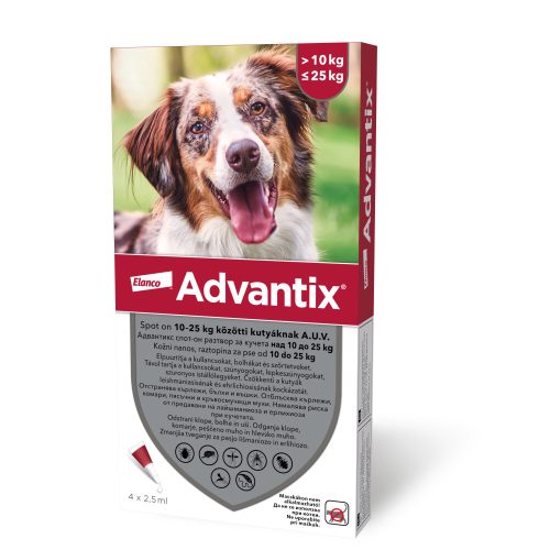 4ampullánként: Advantix spot-on kutyákra 4ml , (10-25kg kutyákra ) , 1db pipetta , illusztrációs fotó , macskákra tilos rakni .