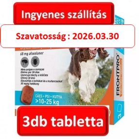   Black friday : FRONTPRO® rágótabletta kutyáknak (>10–25 kg) 68 mg; 3db tabletta , Termék szavatosság : 2026.03.28