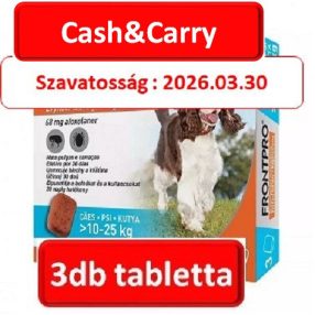   Cash&Carry :  FRONTPRO® rágótabletta kutyáknak (>10–25 kg) 68 mg; 3db tabletta , Termék szavatosság : 2026.03.28