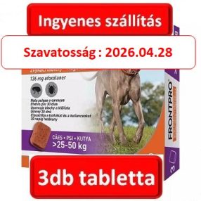   Black Friday : FRONTPRO® rágótabletta kutyáknak (>25–50 kg) 136 mg; 3db tabletta , Termék szavatosság : 2026.04.28