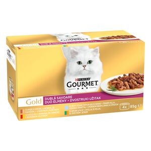 GOURMET GOLD Duó élmény nedves macskaeledel 4x85g , ( kacsa-pulyka , marha-csirke, tengerihal spenóttal , nyúl-máj )