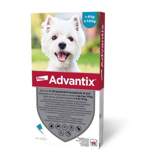 4ampullánként: Advantix spot-on kutyákra 4ml , (4-10kg kutyákra ) , 1db pipetta , illusztrációs fotó , macskákra tilos rakni .