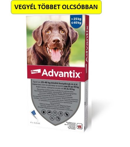 Advantix spot-on kutyákra (25-40kg kutyákra ) , 4db pipetta , illusztrációs fotó , macskákra tilos rakni .