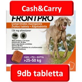   3doboz: FRONTPRO® rágótabletta kutyáknak (>25–50 kg) 136 mg; 3db tabletta , Termék szavatosság : 2028.03.30