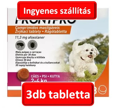 2Doboztól : FRONTPRO® rágótabletta kutyáknak  (2–4 kg) 11,3 mg; (3db tabletta ) . A fotó illusztráció