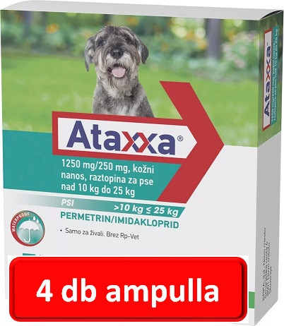4db : Ataxxa 1250mg/250mg rácsepegtető oldat kutyára 10-25kg 1db ampulla ( Macskára tilos rakni )