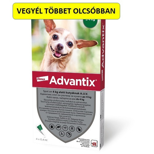 Advantix spot-on kutyákra (4kg alatti ) , 4db pipetta , illusztrációs fotó , macskákra tilos rakni .