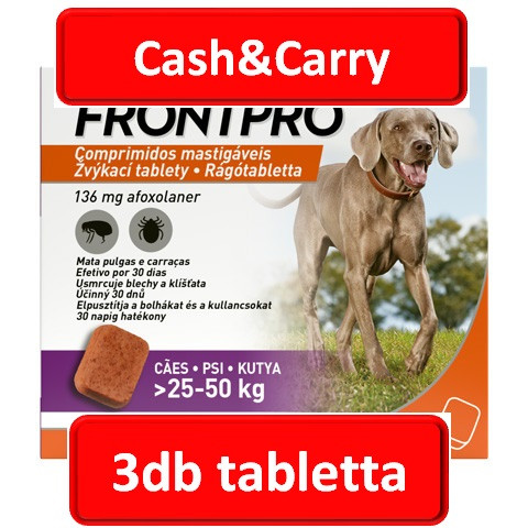  FRONTPRO® rágótabletta kutyáknak (>25–50 kg) 136 mg; 3db tabletta , Termék szavatosság : 2028.03.30
