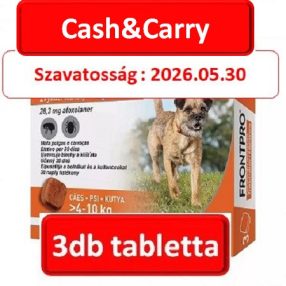   Cash&Carry : FRONTPRO® rágótabletta kutyáknak (>4–10 kg) 28,3 mg; 3db tabletta , Termékszavatosság : 2026.05.30
