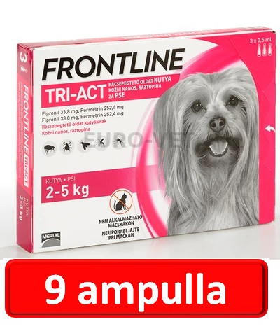 3 doboz : Frontline Tri-Act rácsepegtető oldat 2-5 kg-os kutyáknak (3 ampulla) ( macskákra nem rakható )