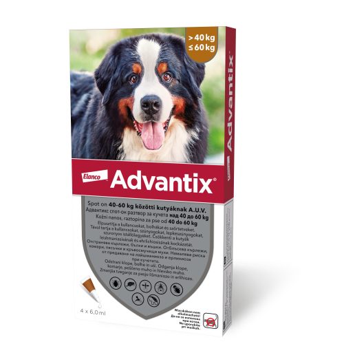 4ampullánként : Advantix spot-on kutyákra 4ml , (40-60kg kutyákra ) , 1db pipetta , illusztrációs fotó , macskákra tilos rakni .