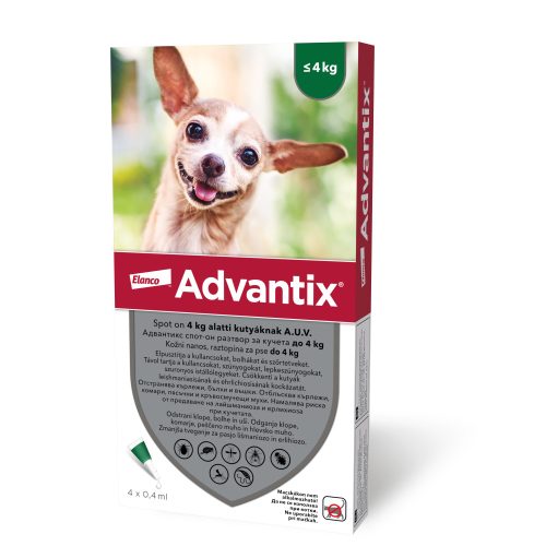 4ampullánként : Advantix spot-on kutyákra 4ml , (4kg alatti kutyákra ) , 1db pipetta , illusztrációs fotó , macskákra tilos rakni .