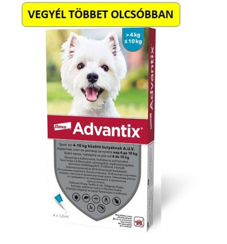 Advantix spot-on kutyákra (4-10kg ) , 4db pipetta , illusztrációs fotó , macskákra tilos rakni .