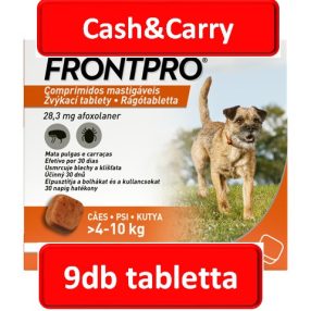   3doboz : FRONTPRO® rágótabletta kutyáknak (>4–10 kg) 28,3 mg; 3db tabletta , Termékszavatosság : 2028.03.30