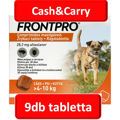 3doboz : FRONTPRO® rágótabletta kutyáknak (>4–10 kg) 28,3 mg; 3db tabletta , Termékszavatosság : 2028.03.30