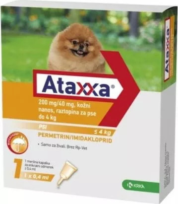 Ataxxa 200mg/40mg rácsepegtető oldat kutyára 4kg-ig 1db ampulla ( Tilos macskára rakni )