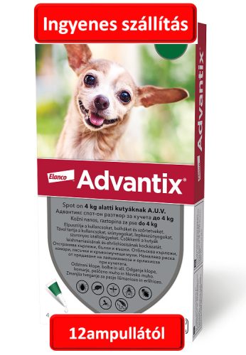 12ampullától : Advantix spot-on kutyákra 4ml , (4kg alatti kutyákra ) , 1db pipetta , illusztrációs fotó , macskákra tilos rakni .