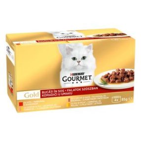   GOURMET GOLD Falatok szószban nedves macskaeledel 4x85g , ( Marha, lazac-csirke , pulyka-kacsa,csirke-máj )