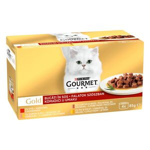 GOURMET GOLD Falatok szószban nedves macskaeledel 4x85g , ( Marha, lazac-csirke , pulyka-kacsa,csirke-máj )