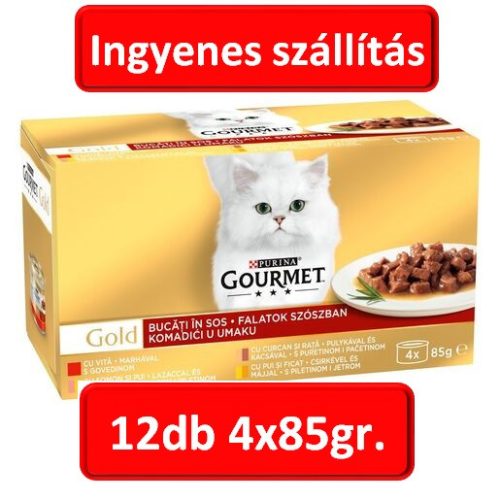 1Karton :GOURMET GOLD Falatok szószban nedves macskaeledel 12db 4x85g , ( Marha, lazac-csirke , pulyka-kacsa,csirke-máj )