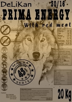 Delikan Prima Energy Red Meat kutyatáp 20kg . Az ár nem tartalmazza a házhoz szállítási díjat .A fotó illusztráció